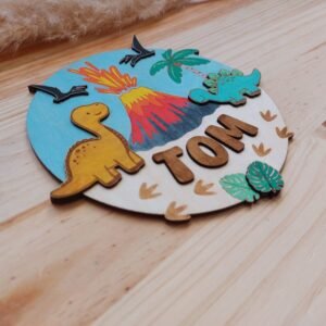 Plaque de Porte Enfant Colorée Bois - Dinos