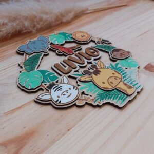 Plaque de Porte Enfant Colorée Bois - Animaux de la Jungle