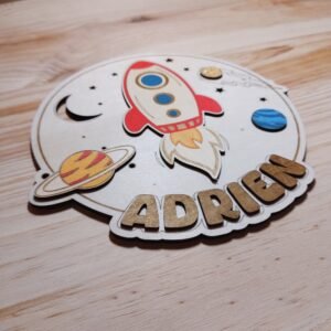 Plaque de Porte Enfant Colorée Bois - Fusée