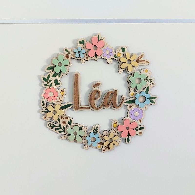 Plaque de Porte Enfant Colorée Bois - Fleurs